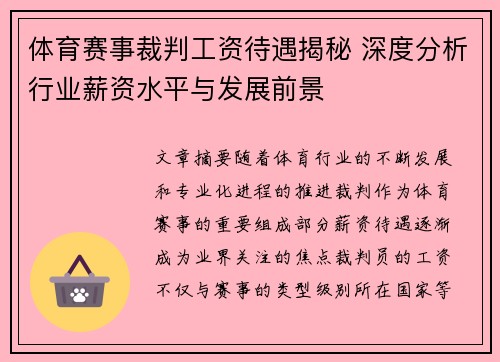 体育赛事裁判工资待遇揭秘 深度分析行业薪资水平与发展前景